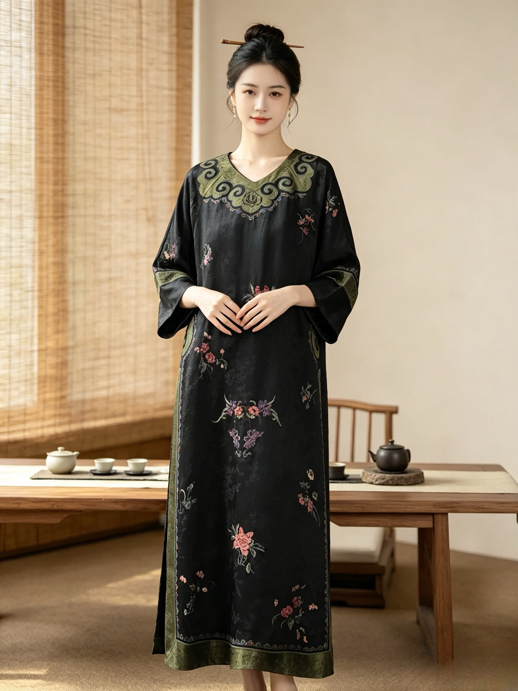 千椿物喜新中式国风V领刺绣黑色连衣裙女 夏季改良气质显瘦袍子