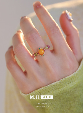 沙弗莱蜜蜡串珠戒指手工串珠弹力绳天然石指环食指戒饰品热卖女款