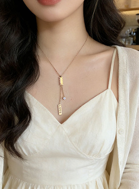 跨境 不锈钢长条生辰石翅膀项链 DIY激光雕刻名字生辰石长条项饰