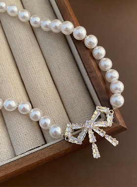 优雅淡水珍珠锆石项链轻奢气质蝴蝶结锁骨链个性简约小众清新爆款