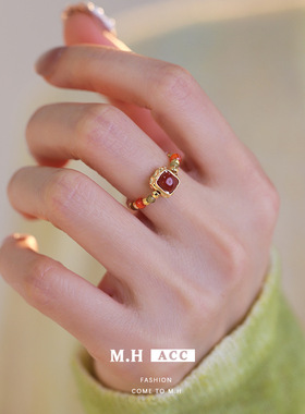 新中式太阳石玛瑙串珠戒指女轻奢复古小众百搭高级感指环手饰热卖