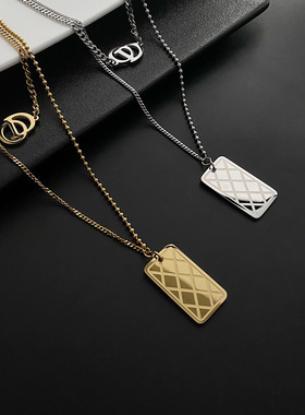 矩形格纹项链2022年新款潮女大牌风钛钢双层锁骨链高级感网红颈链