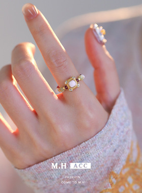 新中式复古简约沙弗莱石榴石串珠戒指女弹力指环百搭食指戒热卖女