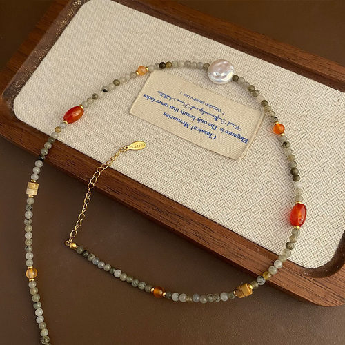 新款手作天然石新中式珠串绿意项链珍珠木质春夏小众百搭锁骨链