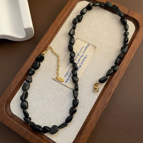 手作款黑色天然石手串个性小众不规则天然石高级感手链原创手饰品