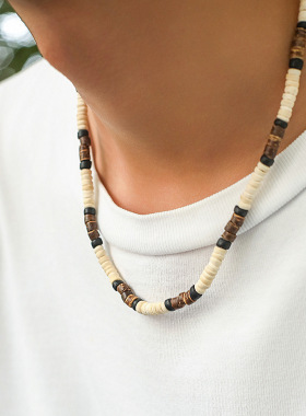 欧美椰壳木珠波西米亚男士项链锁骨链复古百搭设计感男士饰品