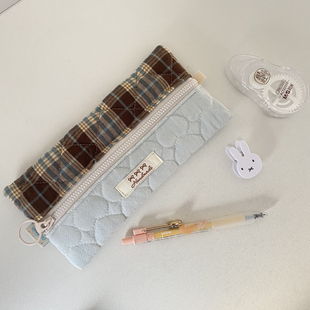 doll shop海盐巧克力格子拼接笔袋ins韩系扁扁笔袋格纹爱心文具袋