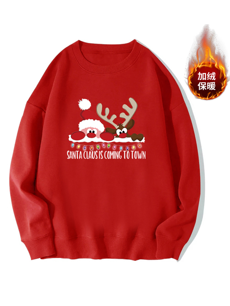 Red Pullover Sweatshirt for Women, Fleece-Lined, Round Neck, Autumn and Winter, Santa Claus, Reindeer, Couple Outfit, Merry Christmas
