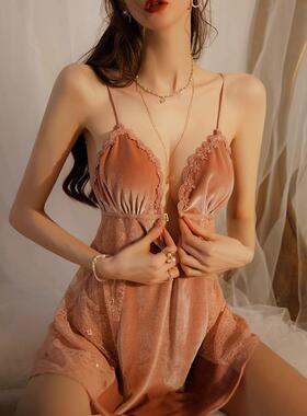日本性感睡衣女带胸垫秋冬款金丝绒家居服套装蕾丝吊带睡裙睡袍高