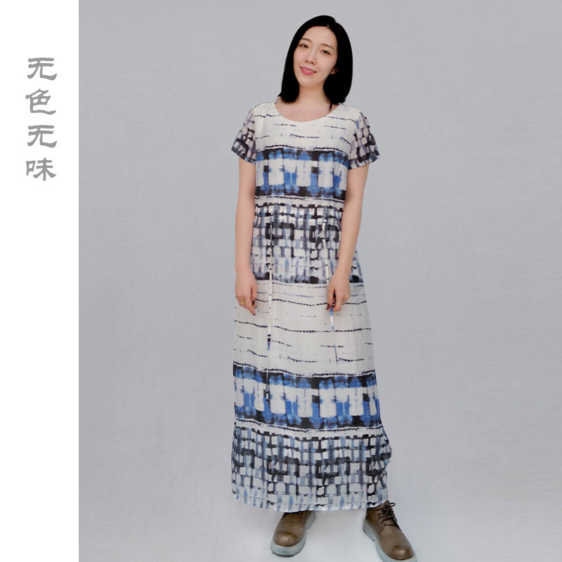 无色无味 连衣裙女装夏季收腰显瘦短袖印花裙古中长裙8196r389