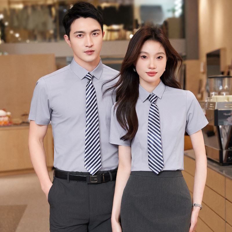 浅灰色衬衫女短袖工作服图片
