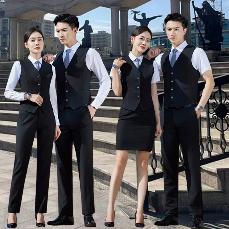酒店前台接待男女同款职业套装KTV服务员商务工作服黑色马甲工装
