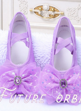 缎面紫色儿童舞蹈鞋软底练功跳舞鞋女孩形体猫爪鞋网纱钻芭蕾舞鞋