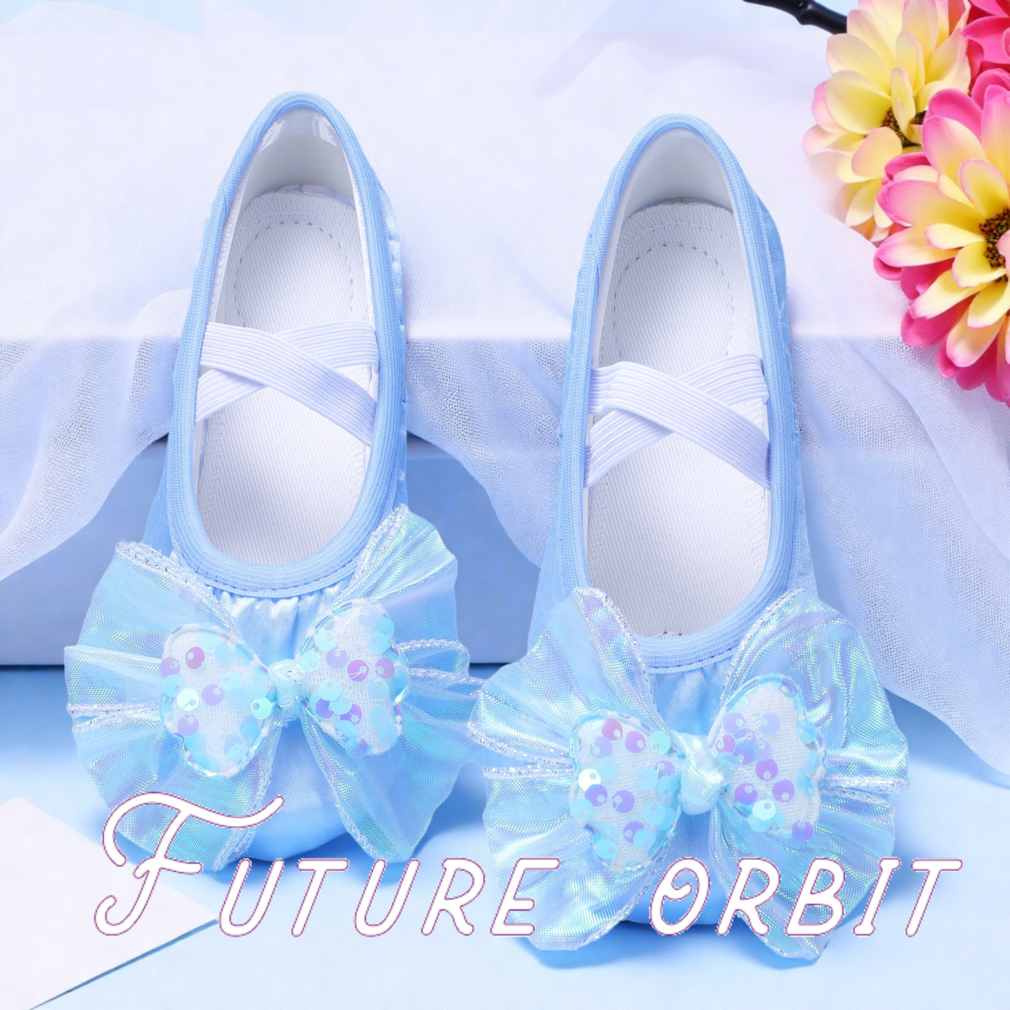 缎面蓝色大蝴蝶结芭蕾舞蹈鞋可爱甜美儿童跳舞鞋软底练功鞋小女孩