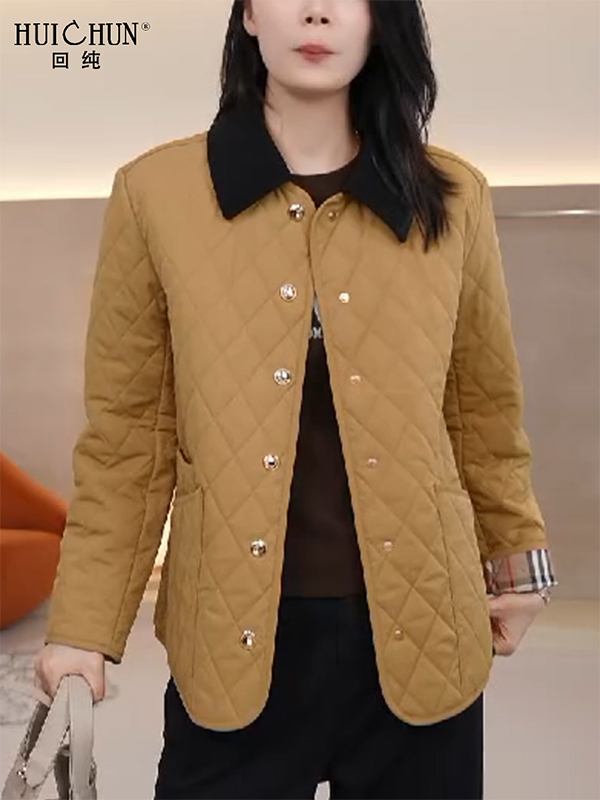品牌设计感覆古菱格纹绗缝翻领夹棉外套大码胖mm女士休闲棉服秋冬