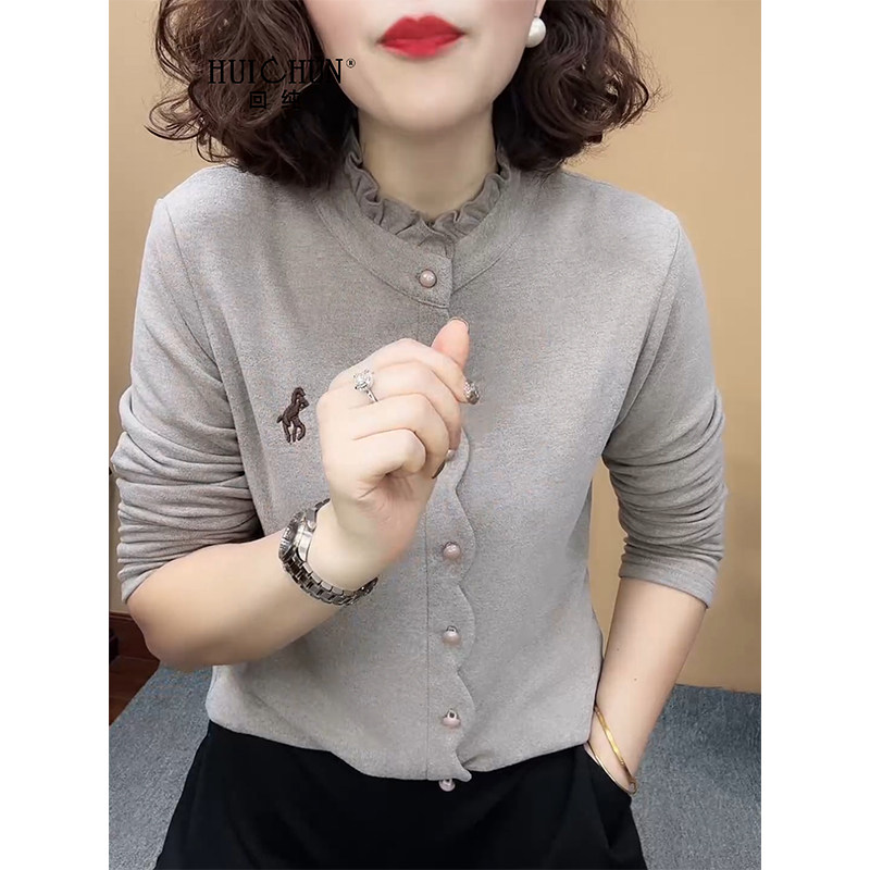 高档德绒衬衫妈妈长袖立领胖mm春装新款洋气上衣百搭打底衫衬衣