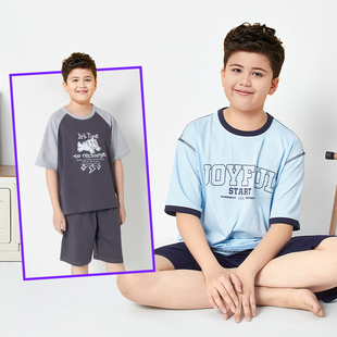 短袖 薄款 短裤 宽松大码 家居服两件套加肥纯棉睡衣 套装 胖男童夏季