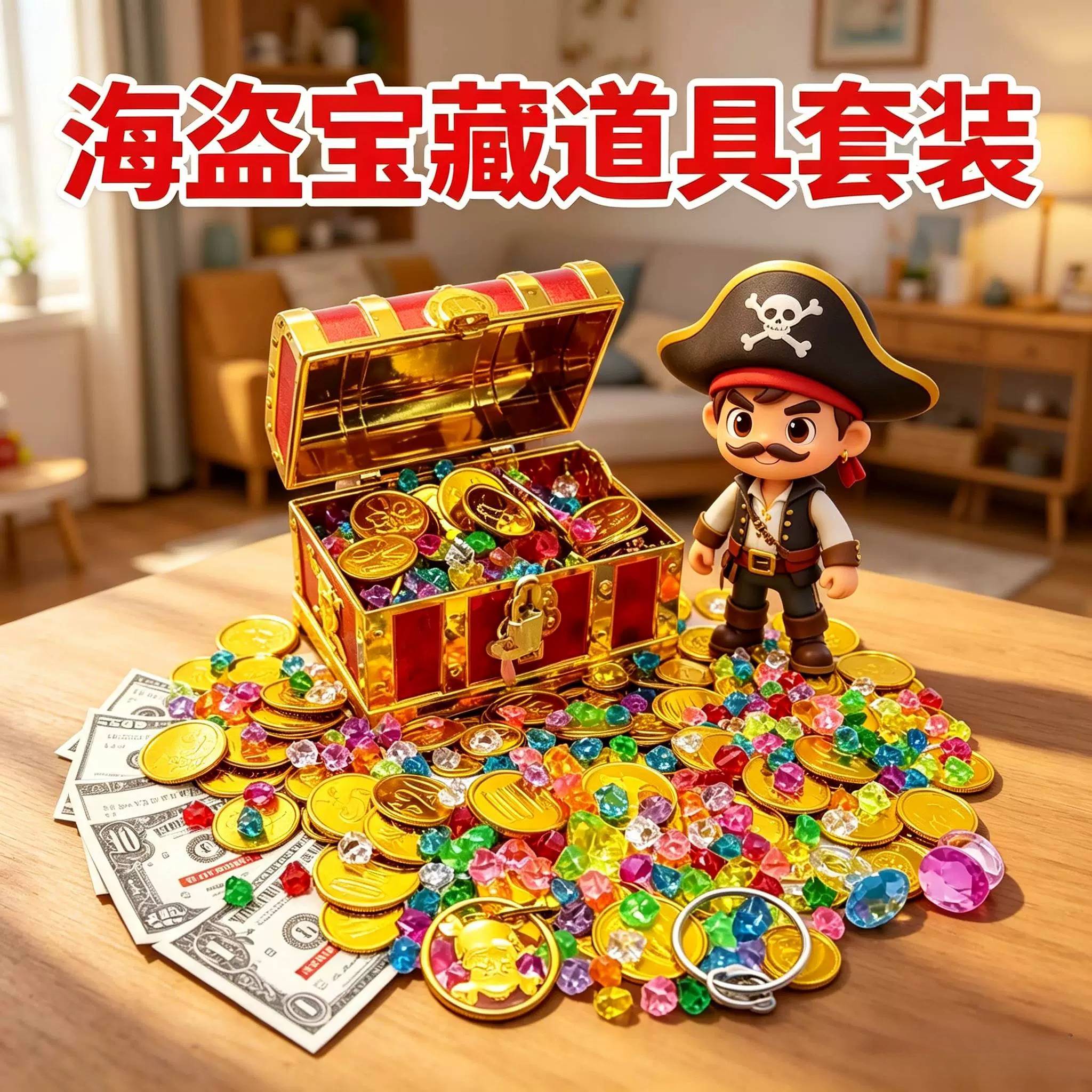 海盗宝藏塑料带锁宝箱金币彷水晶透明宝石钻石扮家家酒游戏演出道
