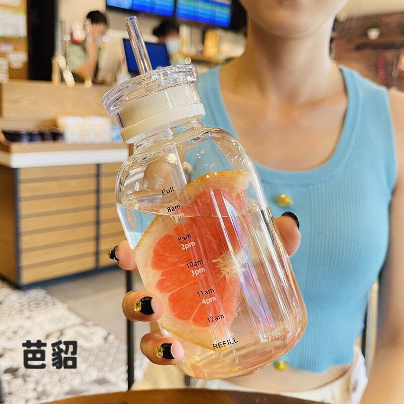 时间刻度玻璃水杯女士耐高温大容量高硼硅带盖子子吸管玻璃杯2026