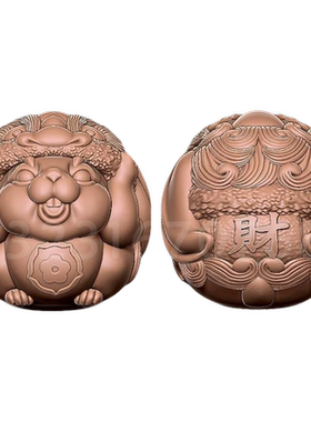 Stl0财字醒狮圆雕图卡通醒狮兔子圆珠子精雕图三维立体图3d雕刻图