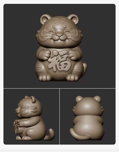 Stl新款福字老虎圆雕图卡通虎精雕图3D浮雕图电脑雕刻图精雕图纸