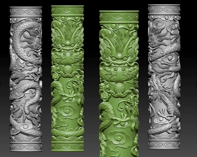 Stl02三龙柱圆雕图龙柱子精雕图盘龙木棍浮雕图雕刻机3d打印图纸