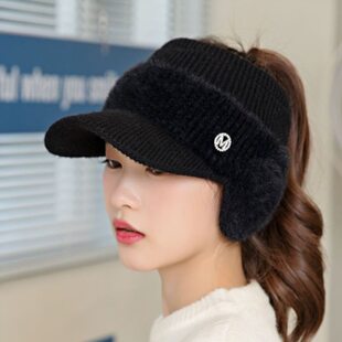 冬天空顶针织跑步帽子女显脸小加绒保暖护额护耳无顶鸭舌帽高马尾
