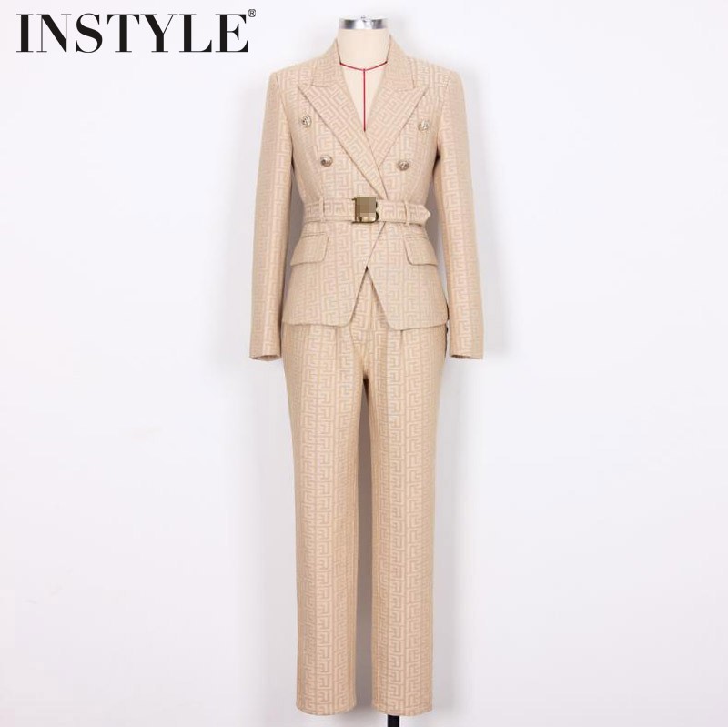 几何提花双排扣系带西装长裤套装