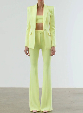 现货2026欧美明星嫩绿色一粒扣中长西装外套微喇裤OL通勤两件套装