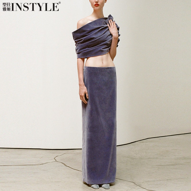 2026法式紫色丝绒露肩礼服套装裙