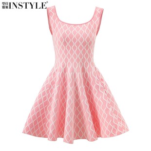 现货2026夏小清新U型领无袖 水波纹提花针织收腰大摆公主裙连衣裙