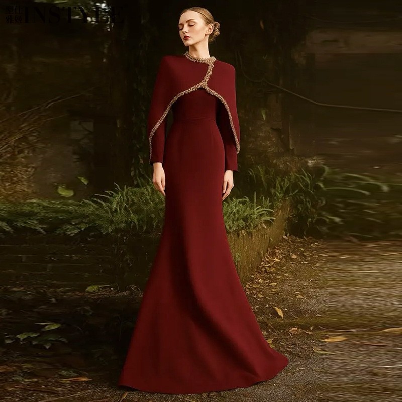 法式立领钉珠镶钻酒红色晚礼服女