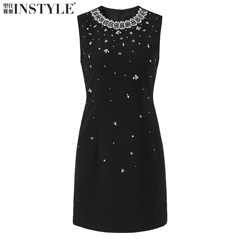 现货2026新款南油高货名媛重工钉珠镶钻圆领无袖修身连衣小裙礼服