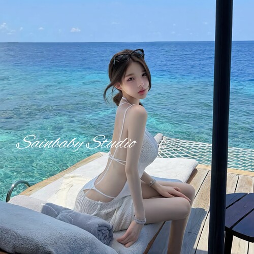 Sainbaby【半透冰纱】性感挂脖沙滩度假长裙比基尼分体泳衣套装女