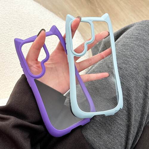 卡通可爱透明猫耳朵立体磨砂肤感适用三星S26ultra手机壳S25ultra全包防摔S23ultra硬S22ultra纯色简约26edge