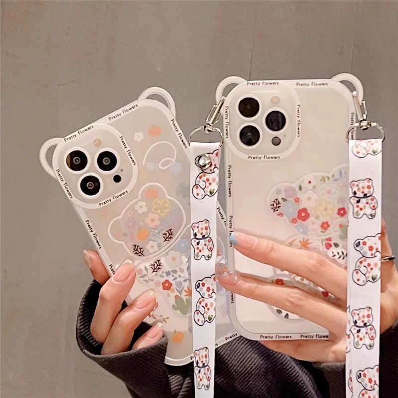 斜跨带挂绳适用iPhone16/15ProMax苹果14手机壳13新款14Pro可爱碎花12小熊透明硅胶软壳日韩卡通11防摔女款