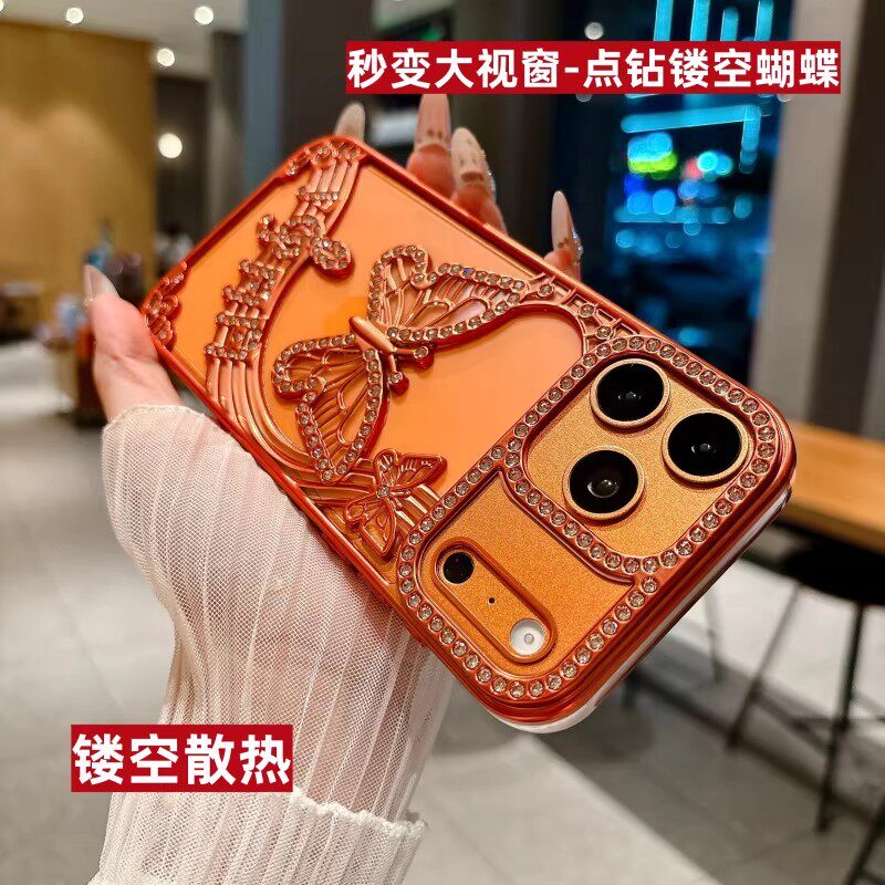 散热镂空点钻蝴蝶适用苹果17promax手机壳iphone16plus高透15pro散热镂空14防指纹13防摔12秒变大视窗11软壳