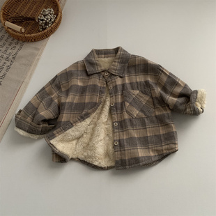 淘气小妞一体绒男女童加绒外套秋冬新款儿童宝宝加厚保暖格子衬衫