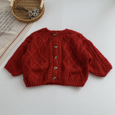 秋冬儿童男女童毛衣针织开衫红色