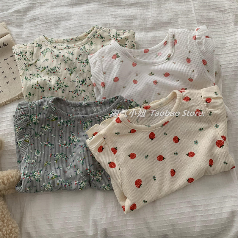 淘气小妞韩版春秋女童洋气打底衫森系公主小孩女宝宝碎花长袖内搭