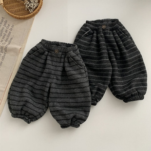 淘气小妞加厚男童加绒卫裤秋冬新款儿童女童宝宝保暖条纹灯笼裤潮