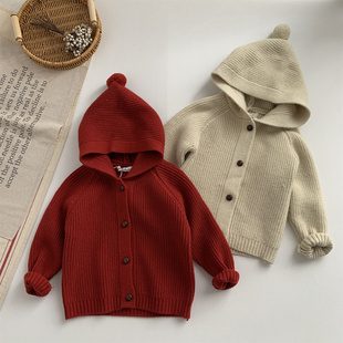 淘气小妞红色女童毛衣2026新款冬季男童宝宝加厚连帽针织新年圣诞