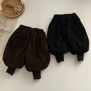 淘气小妞加厚男童加绒裤子冬装新款女童宝宝灯芯绒灯笼裤保暖长裤