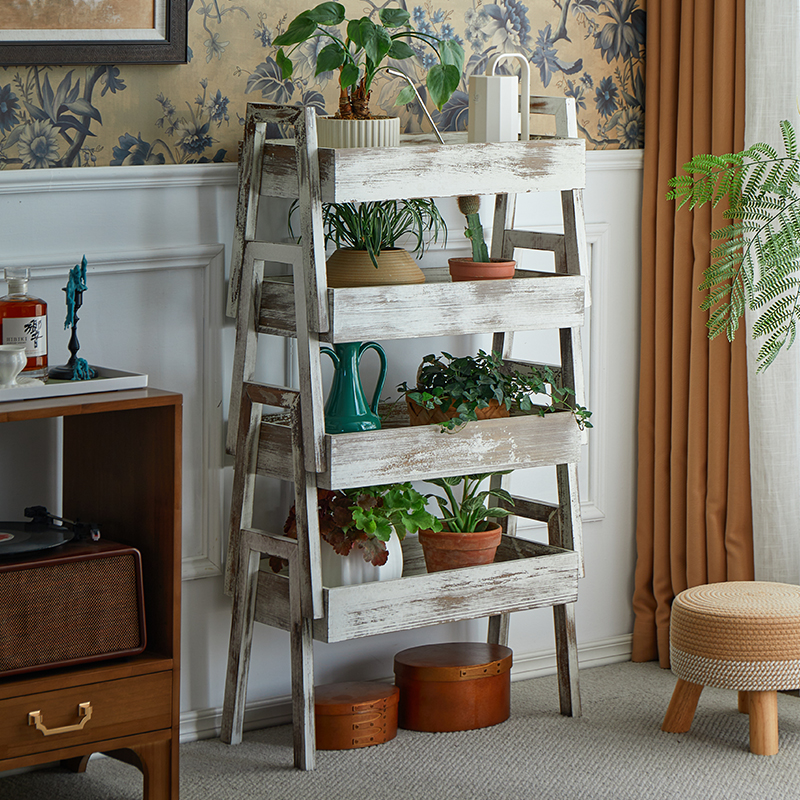 实木落地复古花架多层可叠收纳架