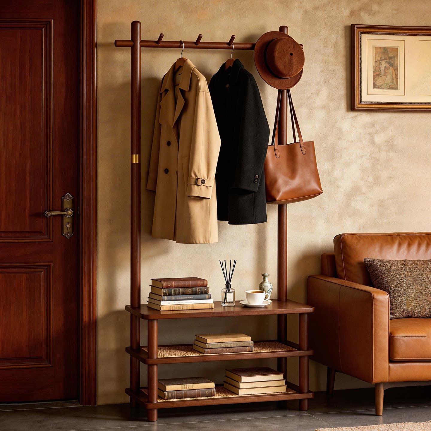 全实木衣帽架中古风落地换鞋凳家用衣服收纳置物架玄关可坐式鞋架