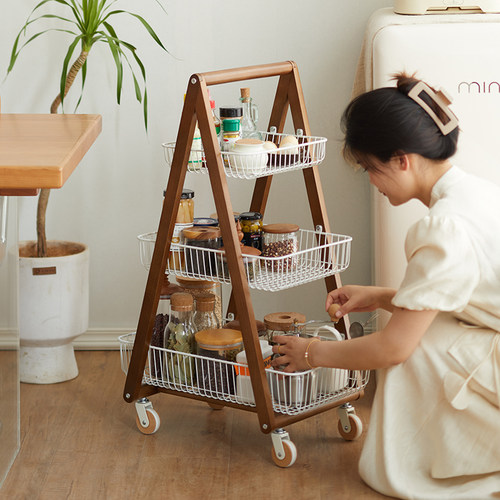 中古风实木小推车客厅可移动零食收纳架复古落地式厨房客厅置物架 - 封面