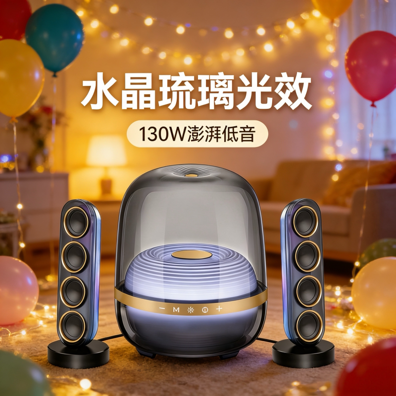 华强北L51水晶琉璃蓝牙音箱大功率重低音炮琉璃光效桌面电脑音箱