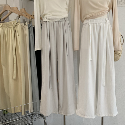 欧玛莱 松紧高腰系带纯色宽松垂感阔腿裤休闲长裤初春新品女 6672