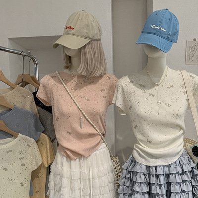 欧玛莱 圆领蝴蝶烫钻无袖软糯针织衫女春夏季修身显瘦上衣潮 6869