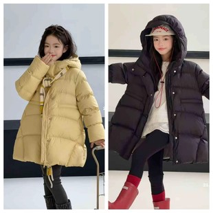 女童羽绒服2025新款女童连帽中长款羽绒服宽松显瘦面包服保暖外套